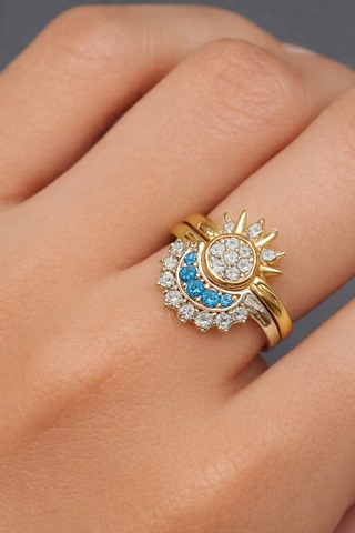 Çekirdekjewelry 925 Ayar Gümüş Ay Güneş Ayarlanabilir Yüzük Çok Renkli