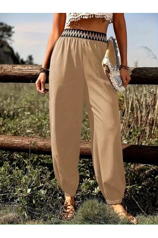DefyModa Kadın Yüksek Bel Beli Lastikli Dökümlü Ve Beli Şeritli Pera Pantolon Bej