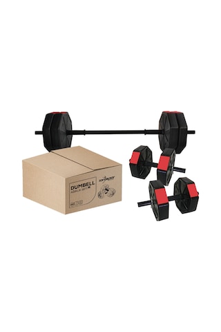 Tan Spor 60 KG Dambıl Halter Ağırlık Düz Bar Seti Kırmızı Kapaklı 150 CM