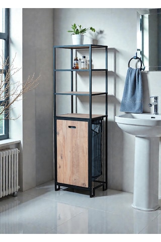 Dekoratif Kirli Sepetli Banyo Dolabı Ahşap Raflı Metal Gövdeli 4 Raflı Çamaşır Sepeti Banyo Düzenleyici Organizer Siyah