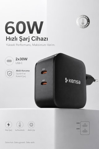 60w Çift Portlu Usb-c Girişli Akıllı Hızlı Şarj Adaptörü
