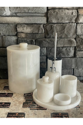 Yeni Beyaz Mermer Kulplu 7'li Banyo Seti Büyük Çöp Kovalı 25x20 Beyaz