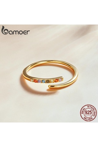 Bamoer 925 Ayar Gümüş Basit Şık Renk Zirkon Altın Kaplama Ayarlanabilir Yüzük Kadınlar İçin Güzel Takı