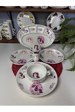 7 Parça Pembe Unicorn Model Çocuk Bebek Yemek Takımı Beslenme Seti Çok Renkli