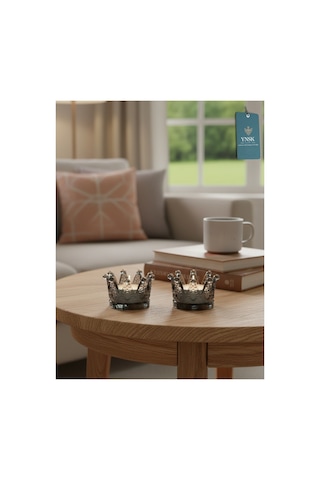 Chacha Home Luxury Royal Crown 2 'li Mumluk Ve Tealight Mum Tutucu Füme