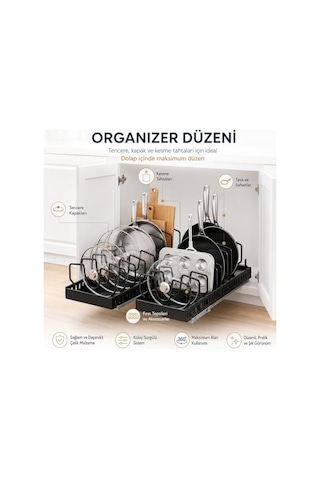 Alper Banyo Sürgülü Organizer Siyah Yapışkanlı Dolap İçi Raylı Düzenleyici, Tencere Kapağı, Tava, Kesme Tahtası Ve Mutfak Gereçleri İçin Çekmece Tipi Organizer, 21 X 42 Cm 12v