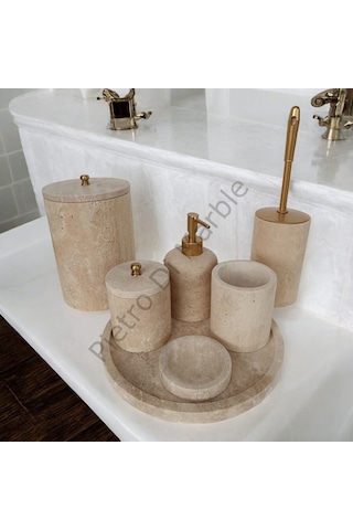 Sarı Traverten Klasik Model 7 Parça Mat Gold Renk Düğme Aksesuarlı Banyo Seti Sarı Traverten
