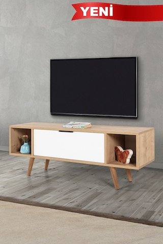 3328 Mesir 130 Cm Ahşap Ayaklı , Metal Kulplu Tv Ünitesi , Safir - Beyaz , Tv Sehpası Safir - Beyaz