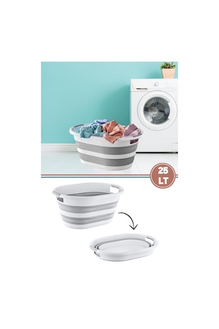 Flora 25 Litre Katlanır Sepet, Akordiyon Katlanır Çamaşır Selesi Oyuncak Kutusu Organizer 25lt Beyaz - Gri