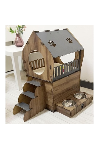Reyo Pet Dekoratif Teraslı Kedi Evi ve Mama Kabı Seti