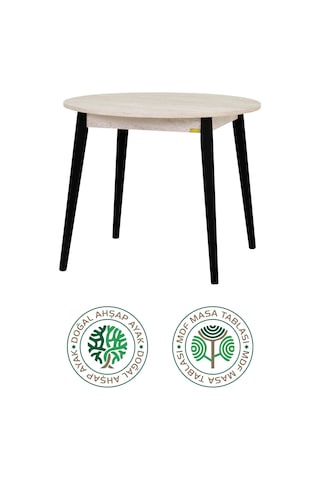 Vilinze Avanos Ahşap Siyah Ayak Yuvarlak Sabit Mdf Traverten Mutfak Masası - Q90 Cm