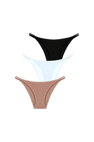 New Lilla 1025 Çift Ip-Taş Detaylı Bikini Külot Paketi (555344058)-Siyah,Beyaz,Kapiçino-Standart Çok Renkli