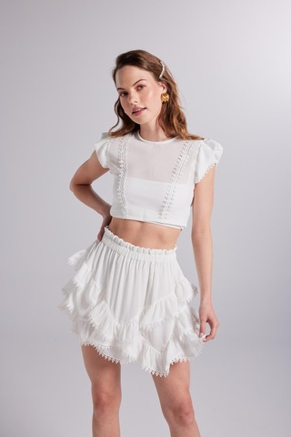 Holly Lolly Brode Detaylı Crop Pixie Bluz Beyaz