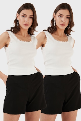 Lela Slim Fit Kalın Dantelli Kare Yaka Bürümcük 2'Li Paket Bayan Atlet 5864979S2 Ekru-Ekru