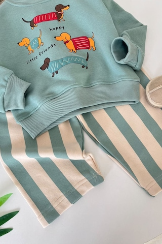 Minigimin Cicileri Sevimli Köpek Baskılı Sweatshirt Çizgili Bol Paça Kız Çocuk 2 Li Takım - Mint Diğer