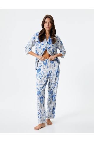 Koton Pijama Altı Çiçekli Düz Paça Viskon Beyaz Desenli 4slk50029mw Beyaz Desenli Beyaz