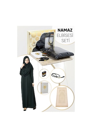 Pratik Başörtülü Tek Parça Namaz Elbisesi Ve Seccade Seti Siyah Siyah