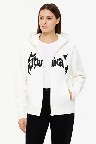 Kadın Oversize Kapüşonlu Sweatshirt Hoodie 3 İplik Şardonlu Pamuklu Kumaş, Önü Baskılı, Fermuarlı Ra Beyaz