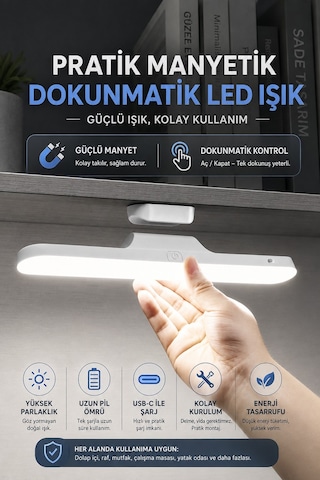 3 Modlu Şarjlı Manyetik Tezgah Altı Lamba Aplik Parlaklık Işık Rengi Ayarlanabilir 28 Cm 1613 Beyaz