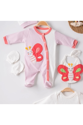 Candar 3 Ay Kelebek Puanlı Tulumlu Kız Bebek 5'li Set Nar Çiçeği Nar Çiçeği