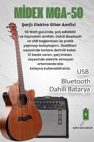 Maxword M450-EQ-50AMP Masif Ağaç 50W Amfili Elektro Akustik Gitar Seti üst Segment