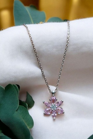 Modagümüşevi 925 Ayar Gümüş Pembe Taşlı Lotus Kolye, Gümüş Kadın Kolye, Lotus Çiçeği Kolye