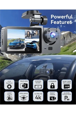 Xuweiwei Upgrade 4k 32g 3 Kanallı Araç Kamerası Ön Ve Arka Dahili 32gb Sd Kart Kızılötesi Gece Görüşü