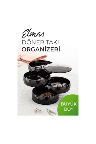 Elmas 4 Katlı Dönebilen Silindir Takı Organizeri Siyah Siyah