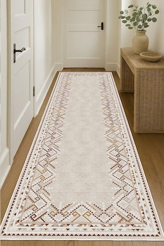 Dijital Baskılı Dekoratif Kaymaz Taban Yıkanabilir Kilim Yolluk Antre Hol Halısı Salon Halısı Krem