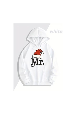 Nevermind Mr Mrs Çift Hoodie Noel Şapkalı Sevgili Kombin Kapüşonlu Sweatsh Beyaz