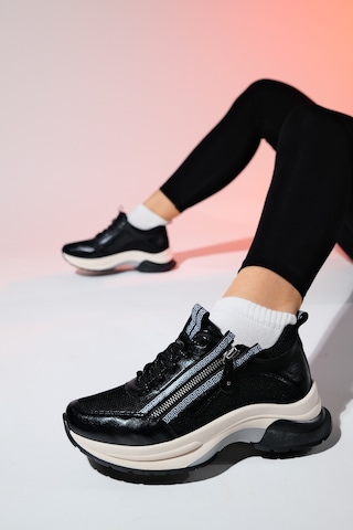 Luvishoes Oude Siyah Kadın Fermuarlı Kalın Taban Spor Sneakers Siyah