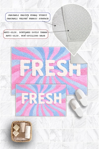 Fresh Yazılı Dijital Baskılı Yıkanabilir 2li Banyo Paspası 50x60-60x100 Pembe