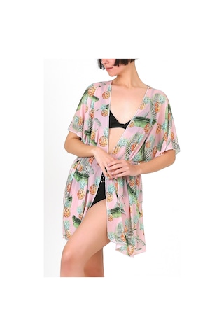 Pareo Plaj Elbisesi Kimono Std Yazlık Oversize Tül Gömlek Kemerli Elbise Ananas Somon