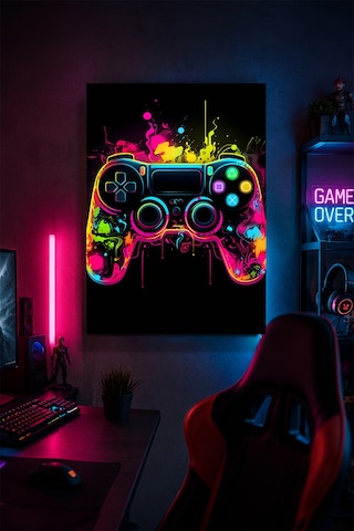 Neon Oyun Kumandası Metal Duvar Tablosu Gamer Oda Dekoru Modern Tasarım 30x40 Cm A3 Boyutunda