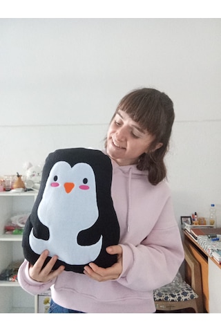Sevimli & Yumuşacık Penguen Tasarımlı Peluş Yastık 35 Cm Beyaz - Gri - Siyah