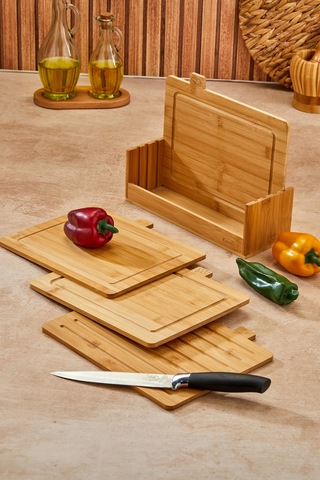 Cooker 5 Parça Standlı Fonksiyonel Bambu Kesim Tahtası Kahverengi