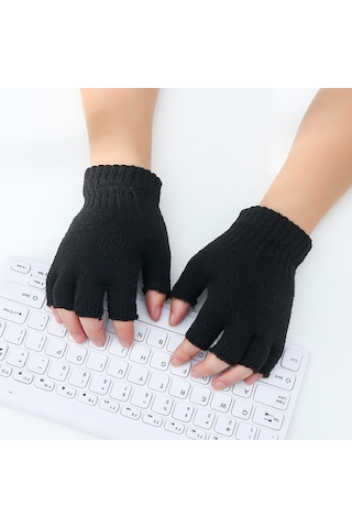 Erkekler İçin Sonbahar Ve Kışa Uygun Saf Siyah Yünlü 2 Çift Yeni Yarım Parmak Sıcak Eldiven Kadınlar İçin Parmaksız Yarım Kesim İş Eldivenleri