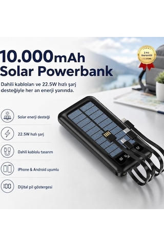 10.000mah Solar Powerbank Dahili Kablolu 22.5w Hızlı Şarj İphone Android Uyumlu Taşınabilir Şarj Cihazı-1682 BEYAZ