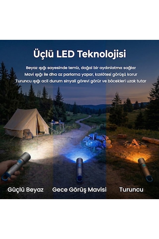 Bix Bx1010fl Beyaz-mavi-turuncu 10w 3 Renk 500 Lümen Zoom Özellikli 500 Metre Menzilli Led El Feneri Şarj Edilebilir Flashlight Gri