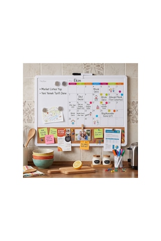 3'ü 1 Arada Manyetik Takvimli Mantar Pano Ve Yazı Tahtası 43x58.5 Cm + Kalem, Magnet, Sticker Seti Beyaz