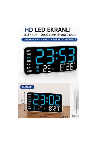 Hd Led Ekranlı Pilli Adaptörlü 2 Alarmlı Sıcaklık Tarih Göstergeli Mavi Beyaz Duvar Masa Saati Fonksiyonel Saat