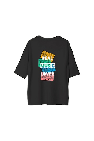Paybuy Gerçek Müzik Tutkununa Saygı Baskılı Kadın Oversize Tişört Siyah