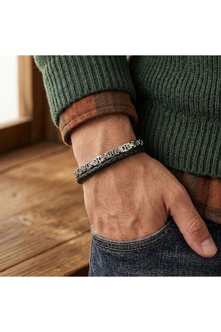 Moncuk Design Kral Model Çelik Zincirli Çoklu Deri Erkek Bileklik Çelik Kilitli 33514b16d2 Çok Renkli