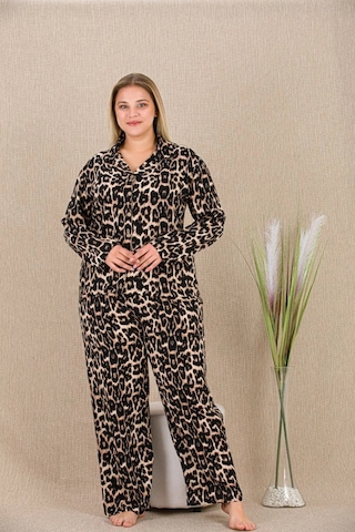 Büyük Beden Leopar Desenli Düğmeli Uzun Kol Viskon Pijama Takımı