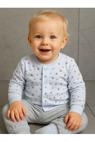 Zekids Erkek Çocuk Yıldız Desenli Pamuklu Yumuşak Dokulu Pijama Takımı-16045 Mavi