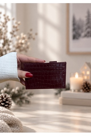 Elpida Bags Kadın Parlak Kroko Dokulu Çıtçıtlı Kartlık Bordo
