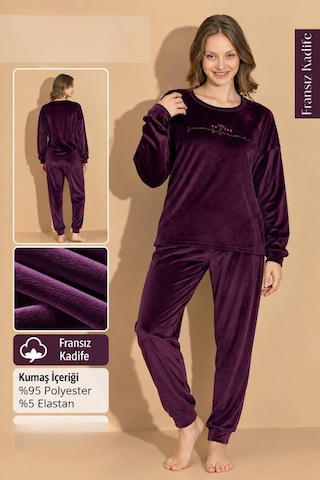 Boyraz Kadın Kışlık Fransız Kadife Bisiklet Yaka Uzun Kol Pijama Takımı 03405- 1 Adet Mor