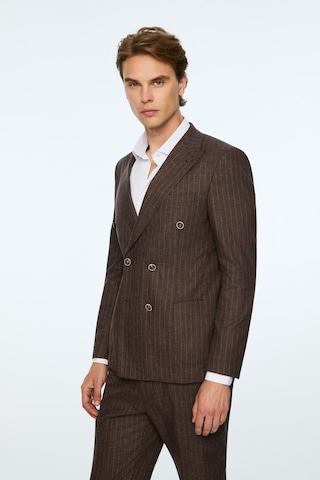 Morven Erkek Kahve Keten Trend Çizgili Slim Fit Sivri Yaka Kruvaze Takım Elbise 26ys001001400 Kahve