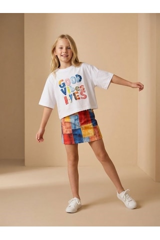 Zekids Kız Çocuk Good Vibes Baskılı Oversize T-shirt-17189 Ekru
