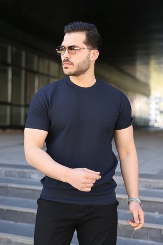 Veraura Lifestyle Erkek Bisiklet Yaka Petek Dokulu Kısa Kollu Triko Tişört Lacivert